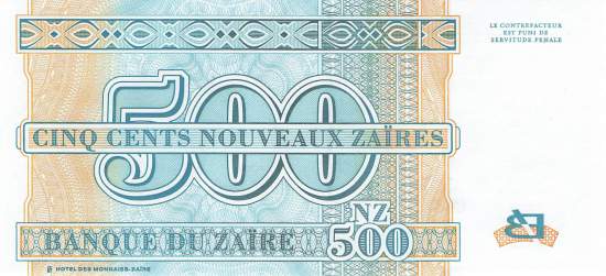Zaire p65 500 nouveaux Zaires 1995 back